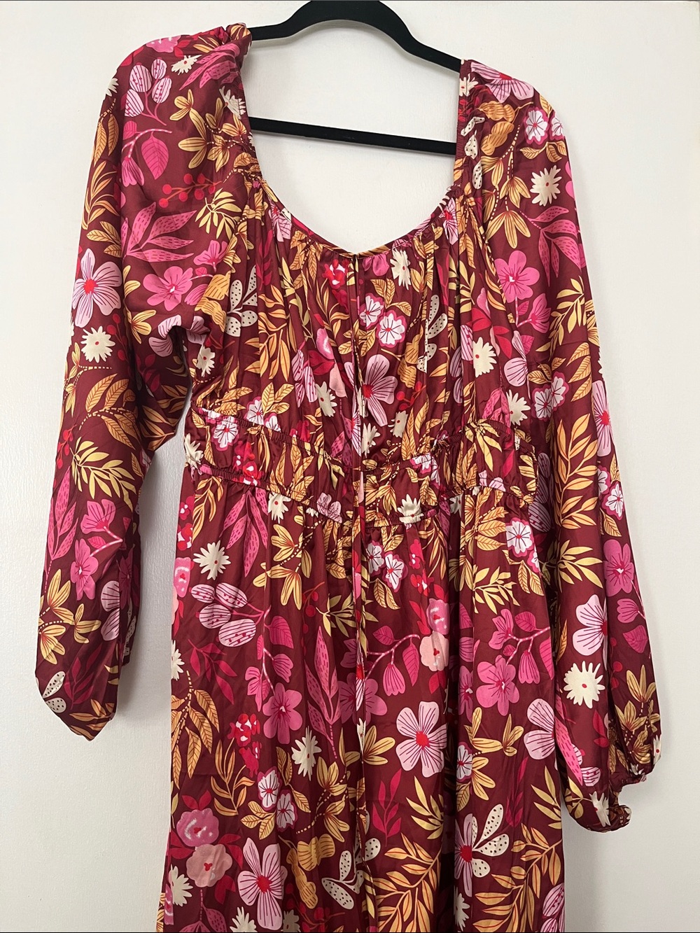 Grace + Emma Floral Smocked Maxi Dress in Burgundy Pink & Gold - Long Sleeve